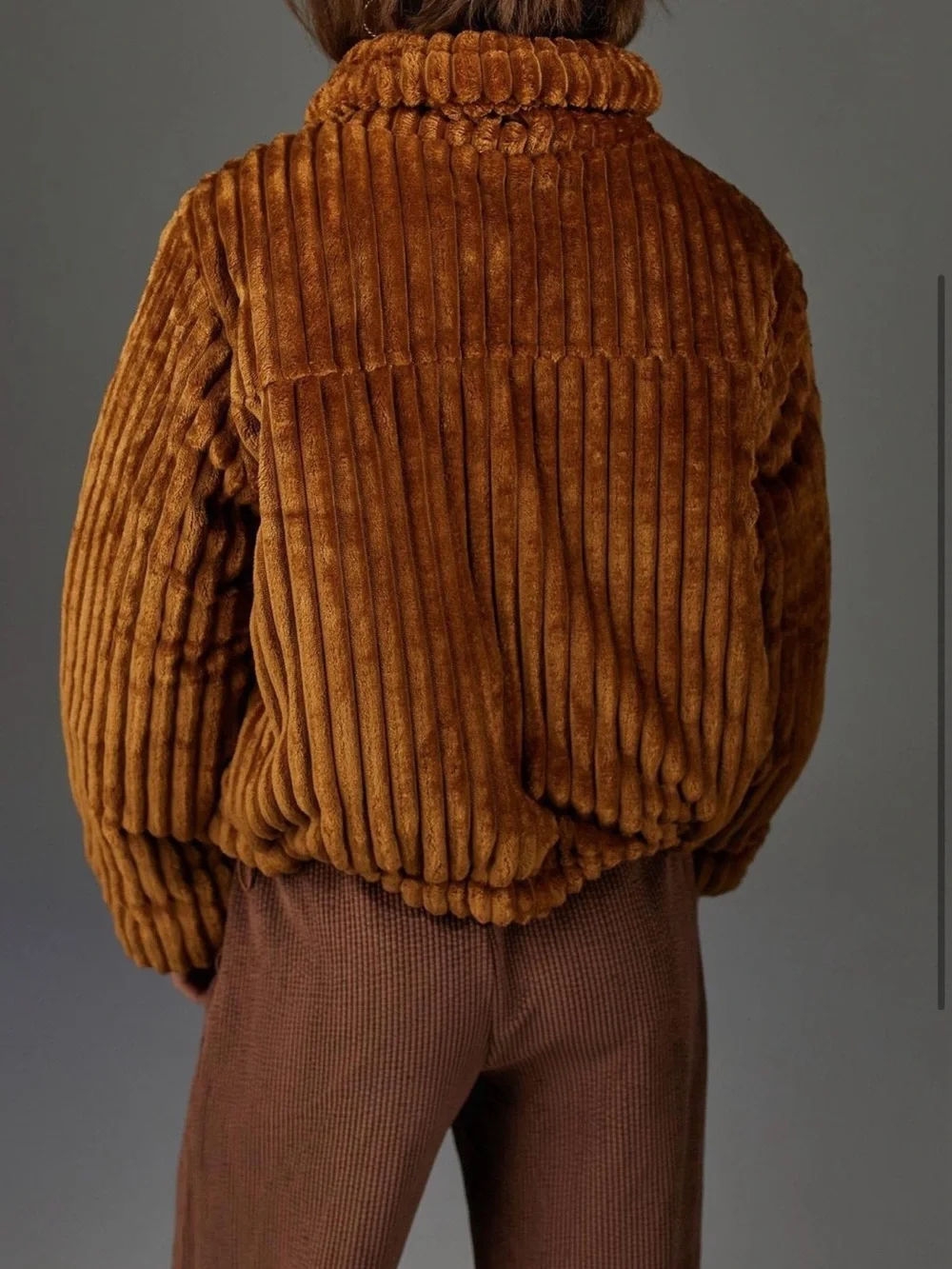 BDG Isla Plush Ribbed Teddy Jacket in Caramel Brown size S.
